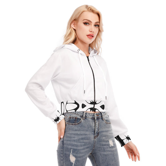 Thorned Bloom Trimmed Cropped Hoodie - Black on White